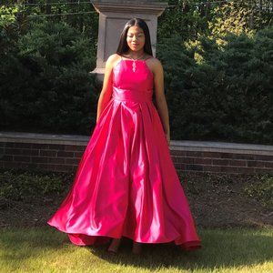 Betsy & Adam Pink High Low Ball Gown